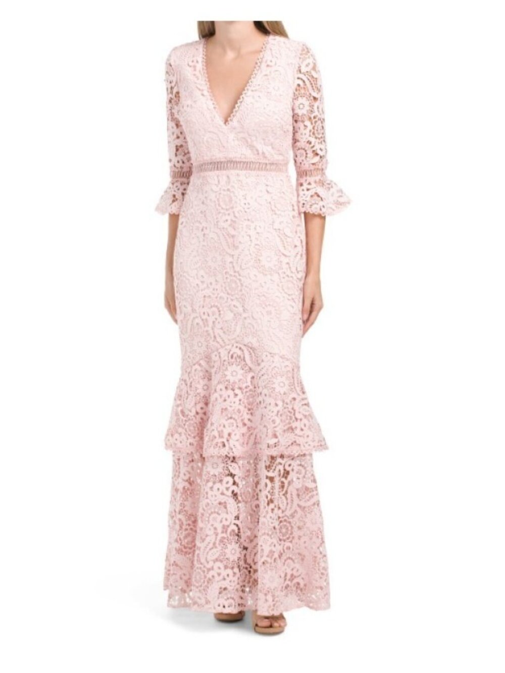 MONIQUE LHUILLIER Womens Lace Tiered Gown Evening Maxi Dress Parfait Pink Size 4